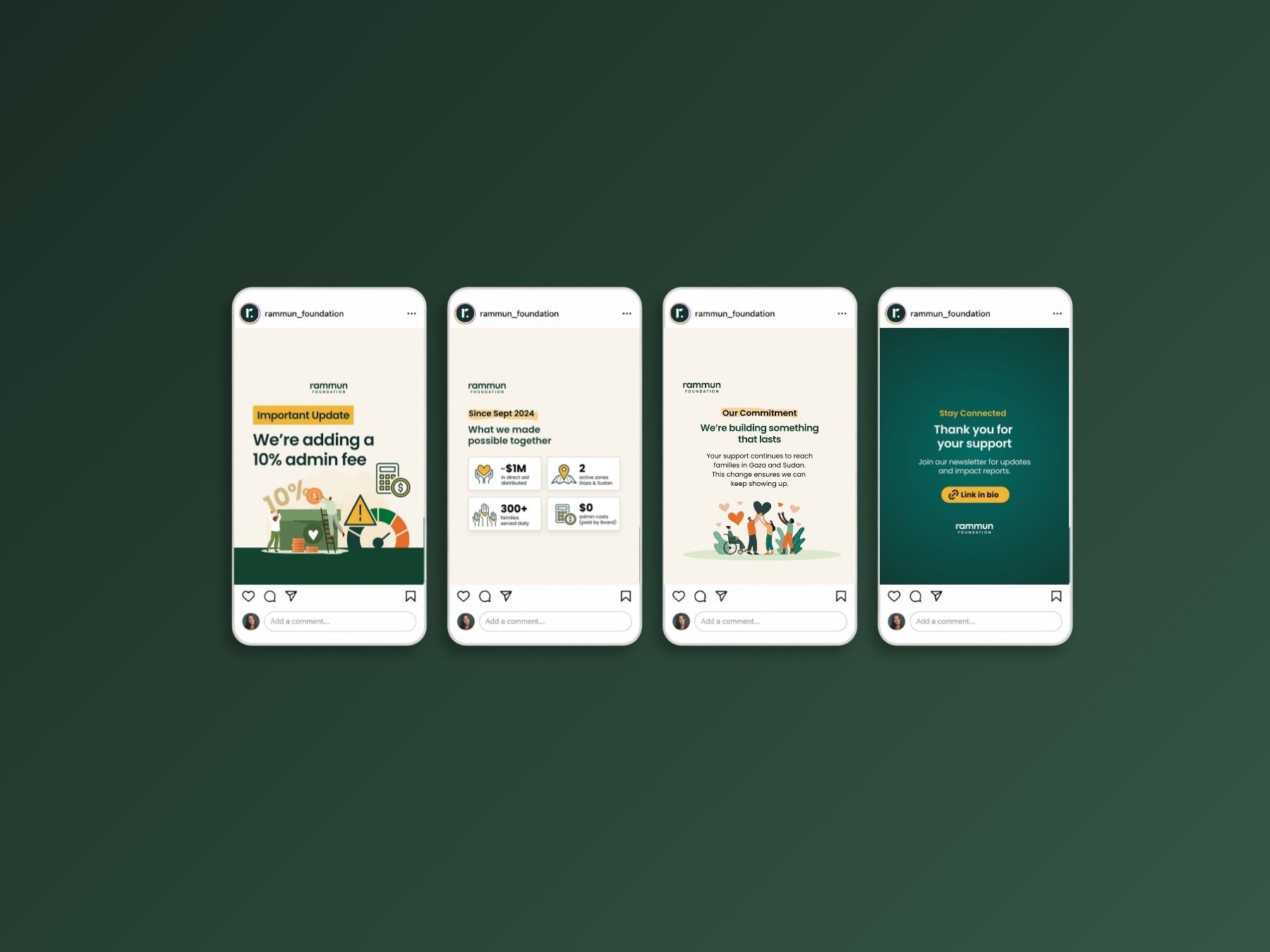 Admin fee announcement carousel, Rammun Foundation
